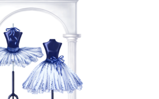 Blue ballet dance tutus, stage costumes. A skirt worn on a mannequin. A theatrical backstage, a shop window, an atelier, an outfit for a fashion show and a masquerade. Digital isolated illustration png