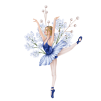 Dancing girl decorated with gypsophila flowers and decorative twigs. Theatrical performance of an elegant ballerina in a blue tutu and pointe shoes. Digital isolated illustration png