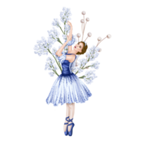 Dancing girl decorated with gypsophila flowers and decorative twigs. Theatrical performance of an elegant ballerina in a blue tutu and pointe shoes. Digital isolated illustration png