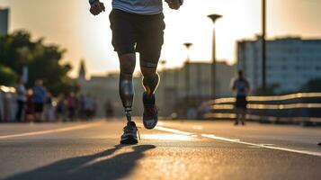 Generative AI, person with disability, prosthetic limb running and does not feel obstacles, photo