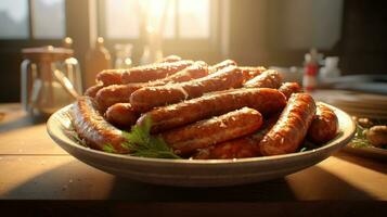 Generative AI, Grilled sausages on a plate, dark background, barbeque food photo