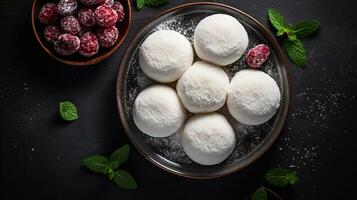 Generative AI, mochi on the dark table background, Traditional Japanese dessert, top view, flat lay photo