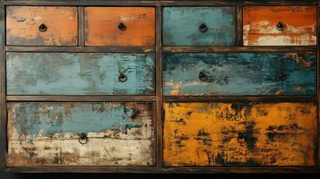 Generative AI, old dresser wooden texture. Blue, turquoise, yellow and orange colors. Vintage grunge background photo