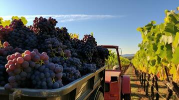 Generative AI, Fresh grapes in a truck, grape harvest at a vineyard photo