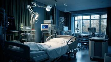 Generative AI, Recovery room with comfortable bed, medical interior, empty hospital room. photo