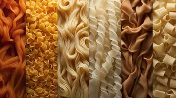 Generative AI, Variety of types, colors and shapes of Italian pasta, texture background photo