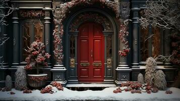 Generative AI, Front door with Christmas decoration, wreath and garland. Red and grey colors photo