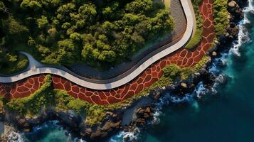 Generative AI, Aerial view of curved asphalt road near the ocean or sea, coastline photo