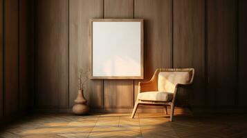 Generative AI, Poster frame mockup in beige and brown living room interior, wabi sabi minimalism style photo