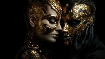 Golden theatrical masks. Abstract costume for futuristic productions. photo