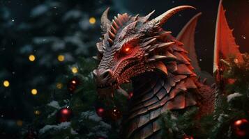 Fantasy dragon on a blurred Christmas background. New Year celebration. photo