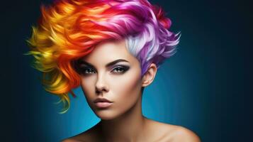 Beautiful woman with multi-colored rainbow hair and creative hairstyle. photo