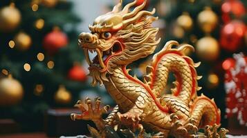 Chinese dragon on a Christmas background. Holiday banner. New Year 2024 photo