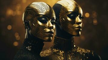 Golden theatrical masks. Abstract costume for futuristic productions. photo