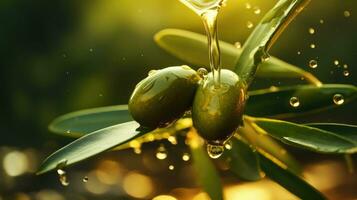 Extra virgin olive oil. Green olives in olive oil on a dark background. photo