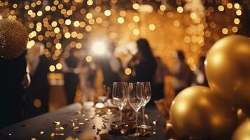 Christmas party in gold color. People are celebrating. Luxury event. photo