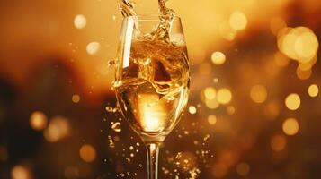 Glass of champagne over blur spots lights background. photo