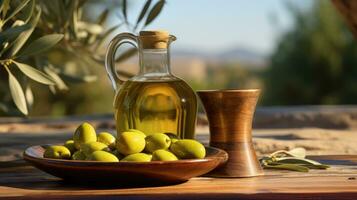 Olive oil of golden color in a transparent jug. Olives in a glass vase photo