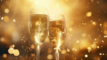 Two glasses of champagne over blur spots lights background. photo