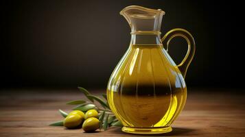 Olive oil of golden color in a transparent jug. Olives in a glass vase photo