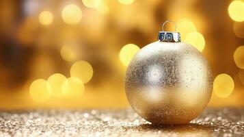 Christmas ball on abstract gold background. Christmas banner photo