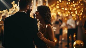 Man and woman at a Christmas party in gold color. Bokeh light photo