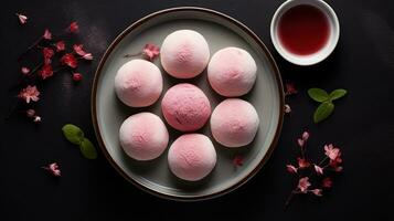 Generative AI, mochi on the dark table background, Traditional Japanese dessert, top view, flat lay photo