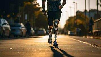 Generative AI, person with disability, prosthetic limb running and does not feel obstacles photo