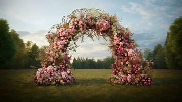 Generative AI, Wedding ceremony boho rustic style arch with flowers and plants, flower bouquets. photo