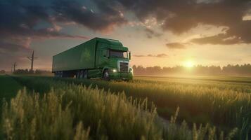 Generative AI, Green truck driving on the asphalt road in rural landscape at sunset. photo