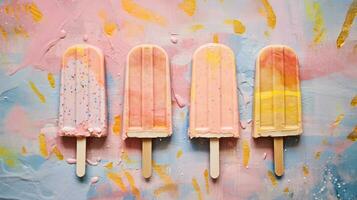 Generative AI, Fruit ice cream or sorbet on a stick, bright color, summer mood, panoramic view photo