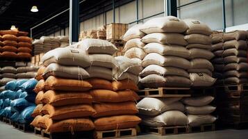 Generative AI, Stack hemp sacks of rice or coffee, industrial storage photo