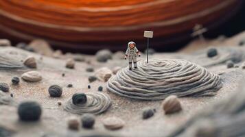 Generative AI, Space adventure illustration made of wool. Cosmic planet craft landscape with astronaut. photo