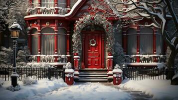 Generative AI, Front door with Christmas decoration, wreath and garland. Red and grey colors photo