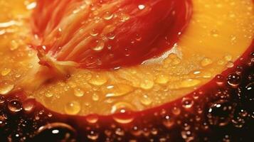 Generative AI, bright slice of juicy ripe peach and water drops, macro of summer fruit photo