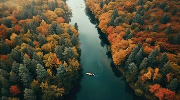 Generative AI, boat at the calm lake in autumn with serene water around, fall landscape photo