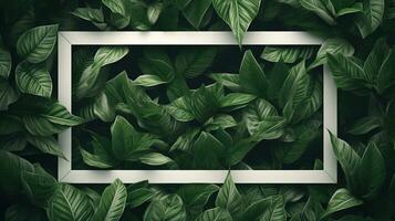 Generative AI, creative layout with green leaves and square frame, flat lay. Nature background with copy space photo