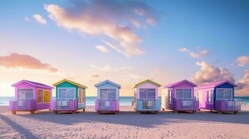 Generative AI, Miami beach huts, Summer Vibes retro illustration. Vintage pink and blue colors, buildings, California palms, 80s style photo