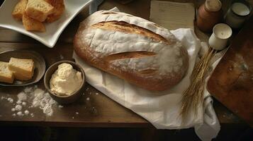 Generative AI, baker prepares bread or bakery at the home kitchen, ecologically natural pastries. photo