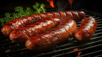 Generative AI, Grilled sausages on a plate, dark background, barbeque food photo