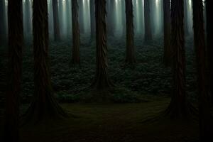 A Dark Forest Filled With Lots Of Tall Trees. AI Generated photo