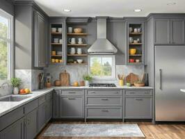 A Kitchen With Gray Cabinets And Wooden Floors. AI Generated photo