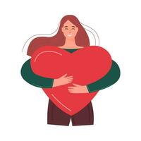 Happy girl gives love and kindness. Young woman embraces a big red heart with hands. Concept of charity, philanthropy, empathy and donation. vector