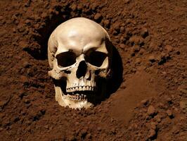 A Skull In The Middle Of A Dirt Field. AI Generated photo