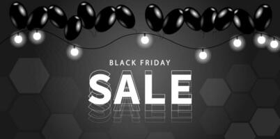 Black Friday Sale. Banner, poster, logo golden color on dark background.shopping , big percent label discount. Creative marketing concept. Vector illustration dark ballon and lighting