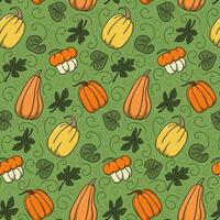 Cozy autumn yellow and orange pumpkin seamless pattern on green background. Variation of forms of squashes with green leaves. Cute design for wrapping paper, decoration, home decor, kids textile vector