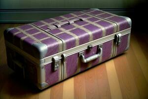 A Purple Suitcase Sitting On Top Of A Wooden Floor. AI Generated photo