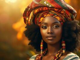 photo of emotional dynamic pose African woman in autumn AI Generative