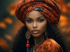 photo of emotional dynamic pose African woman in autumn AI Generative