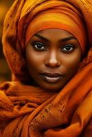 photo of emotional dynamic pose African woman in autumn AI Generative